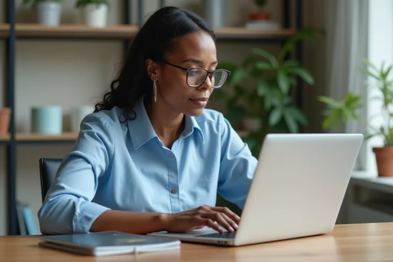 Femme africaine d'âge mûr accédant à une plateforme de soins en ligne sur son ordinateur portable dans un bureau à domicile organisé