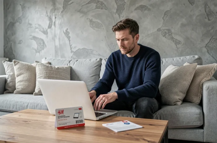 Homme utilisant un ordinateur portable pour acheter une carte cadeau H&M en ligne depuis son salon