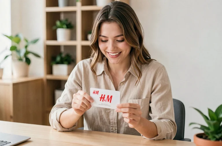 Jeune femme tenant une carte cadeau H&M devant un bureau en bois, prête à l'acheter en ligne