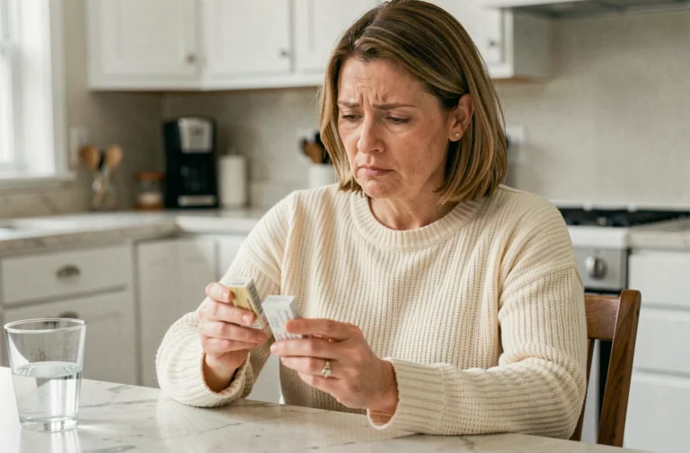 Femme adulte examinant deux boîtes de médicaments Aerius et Doliprane sur une table de cuisine, illustrant la prise combinée de médicaments