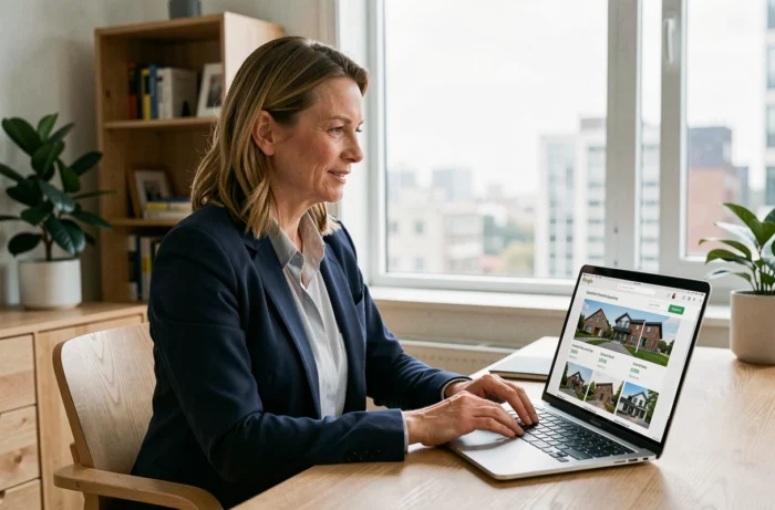 Femme utilisant une agence immobilière en ligne sur son ordinateur portable dans un bureau à domicile moderne