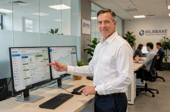 Agent immobilier analysant des données clients et des annonces sur une plateforme immobilière en ligne dans une agence moderne