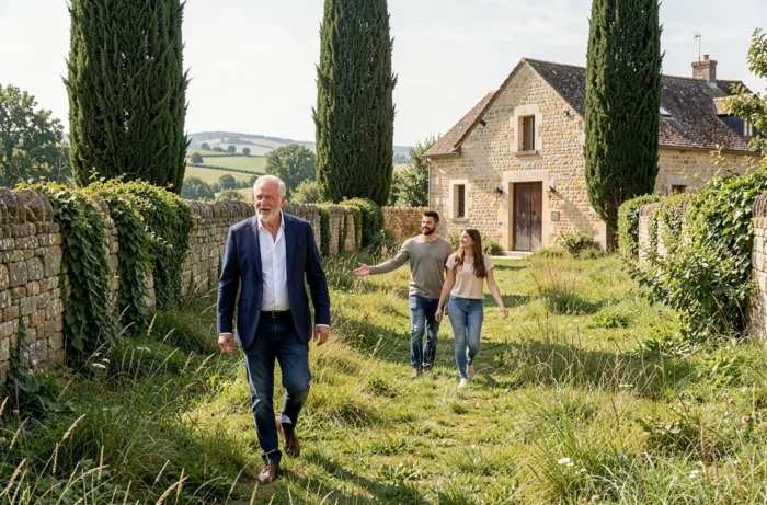 Agent immobilier présentant un terrain et une dépendance en pierre à une famille en Charente