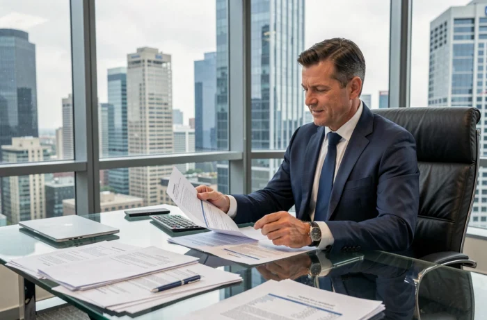 Agent sportif en costume marine révisant des contrats de joueurs de football à salaires élevés dans un bureau moderne