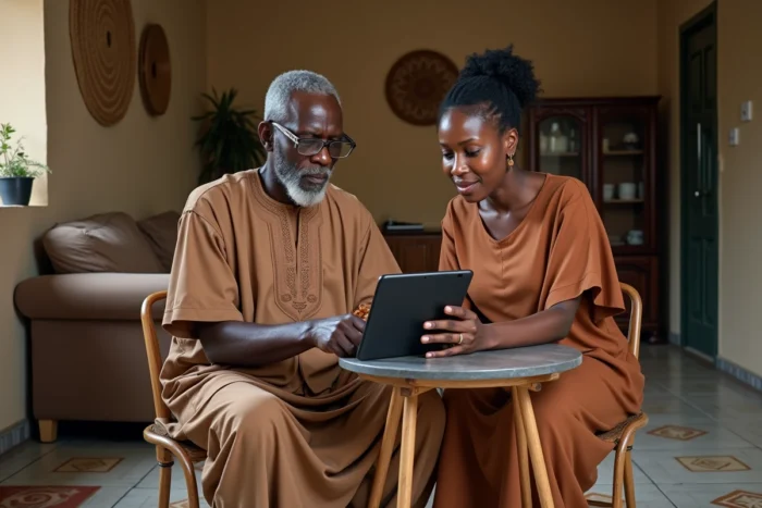 Homme âgé accompagné d'une jeune femme consultant le portail Netsoins Teranga sur une tablette dans un salon ouest-africain