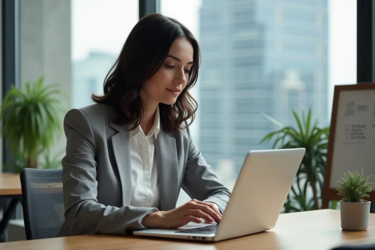 Femme professionnelle utilisant un logiciel bureautique alternatif à Office 365 sur son ordinateur portable dans un bureau moderne