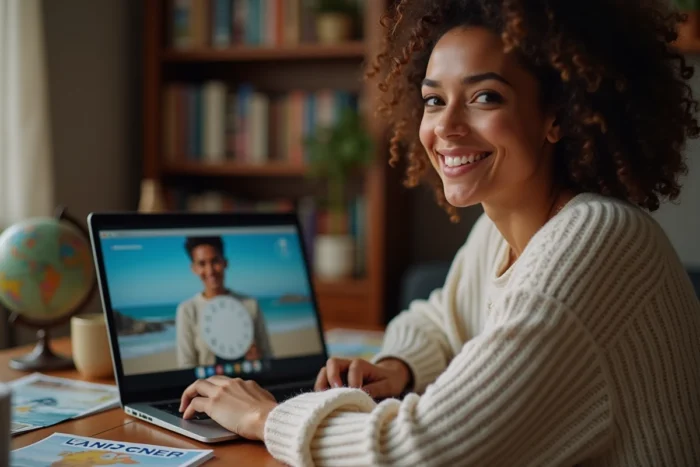 Femme en France en visioconférence avec la Martinique en gérant le décalage horaire depuis son bureau