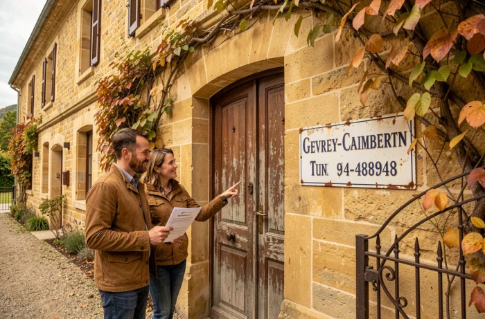 Couple arrivant à une maison d'hôtes en pierre à Gevrey-Chambertin avec confirmation de réservation