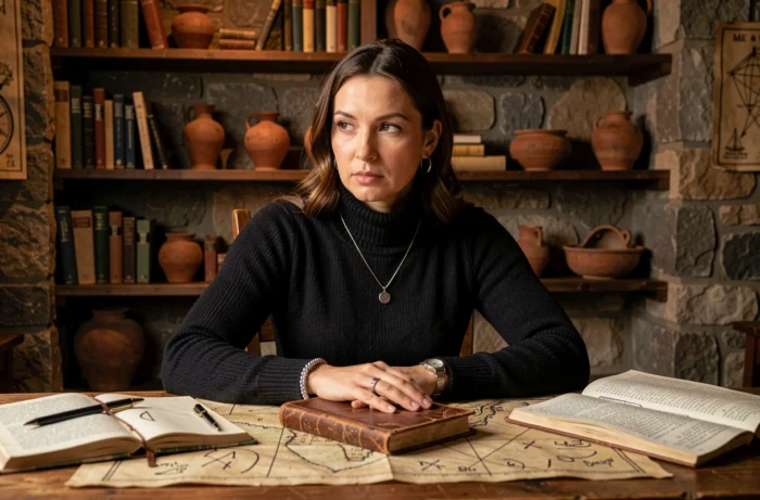Femme étudiant des manuscrits anciens et des symboles mystérieux dans un bureau historique, thème de la série Atiye sur Netflix
