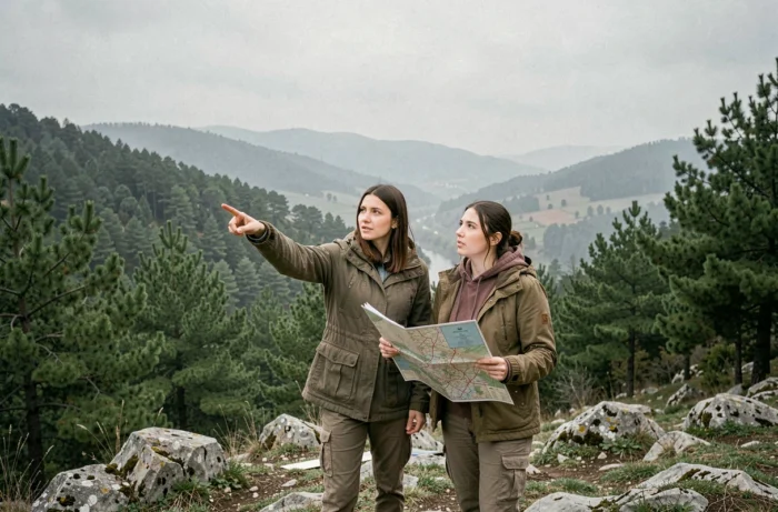 Deux femmes explorant une forêt turque avec une carte, évoquant l'aventure et le mystère de la série Atiye saison 4