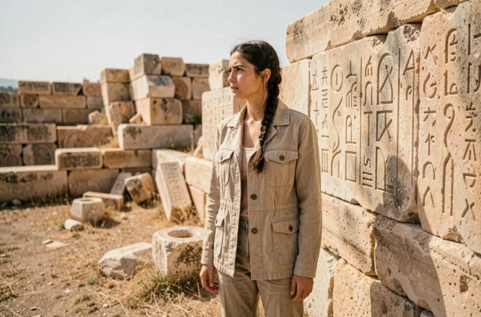 Jeune femme explorant un site archéologique en Turquie, inspiré de la série Atiye saison 4 sur Netflix