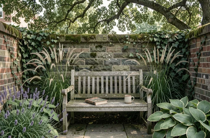Banc en bois patiné entouré de lavande et de graminées ornementales dans un coin de jardin apaisant avec mur en pierre moussu