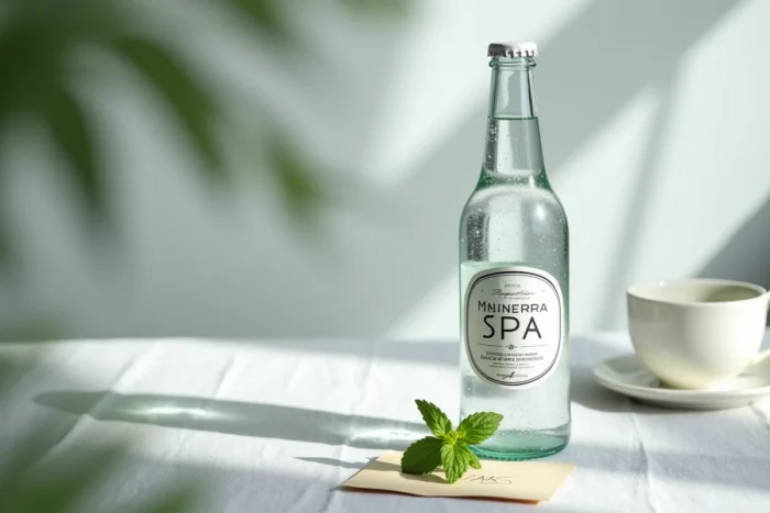 Gros plan d'une bouteille d'eau minérale Saint Antonin sur une table avec une note manuscrite et des feuilles de menthe, symbolisant les remèdes naturels contre la constipation