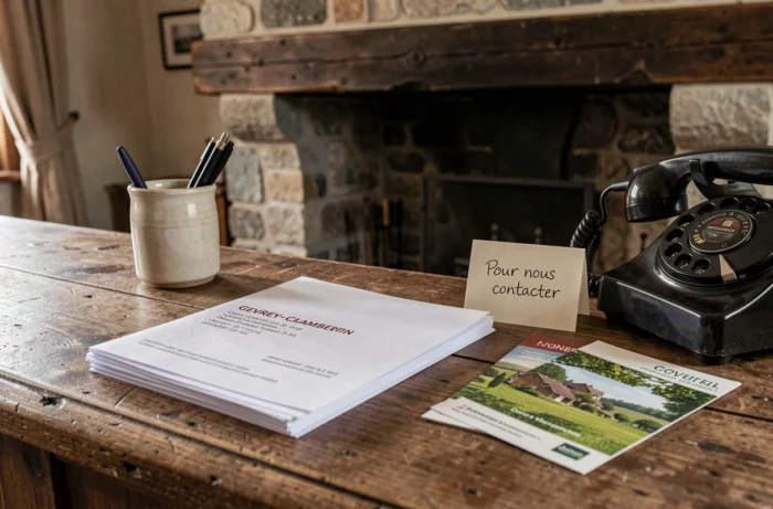 Bureau d'accueil d'une maison d'hôtes à Gevrey-Chambertin avec brochure de contact et téléphone vintage