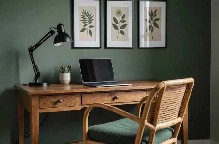 Coin bureau à domicile élégant avec bureau en chêne vintage, mur vert foncé et galerie de cadres botaniques pour une déco intérieure inspirante