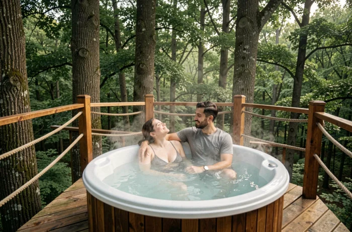 Couple dans un spa extérieur sur une cabane perchée dans les arbres en Haute-Garonne, entourés de forêt