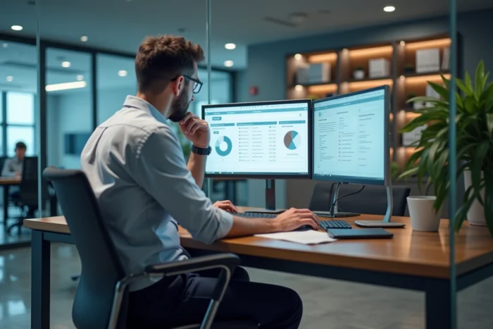 Cadre d'entreprise travaillant sur un logiciel GRC avec interfaces d'audit et de conformité réglementaire sur double écran