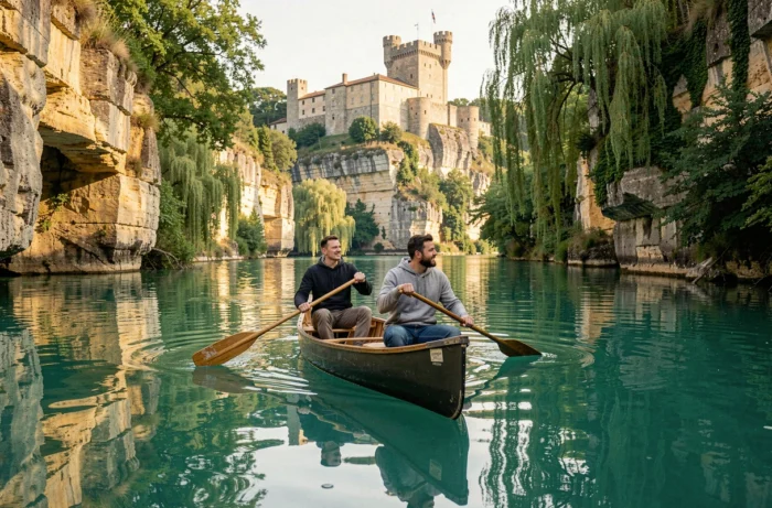 Couple faisant du canoë sur la Dordogne avec un village et un château médiéval en arrière-plan