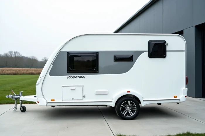 Caravane Rubis française blanche garée devant un site de fabrication industriel