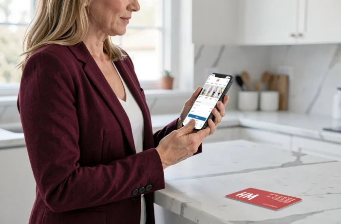 Femme consultant son smartphone pour acheter une carte cadeau H&M en ligne dans une cuisine moderne