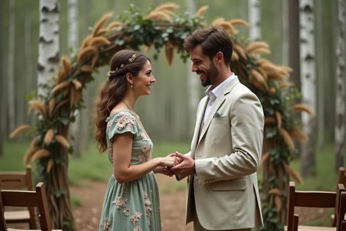 Couple échangeant des alliances lors d'une cérémonie de mariage en forêt avec une arche en herbe de la pampa et des chaises vintage