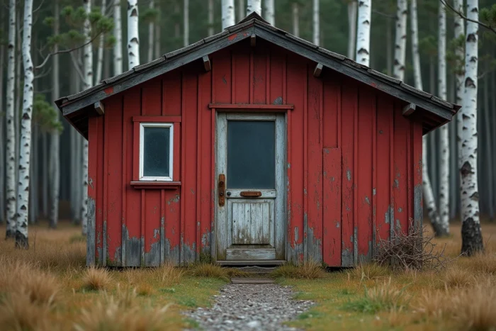 Façade d'un vieux chalet en bois rouge sur une île suédoise, chemin envahi par la végétation, ambiance sombre et mystérieuse