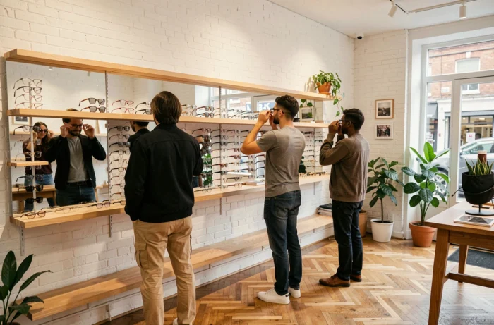 Clients essayant des montures de lunettes devant un miroir dans une boutique d'optique de quartier conviviale