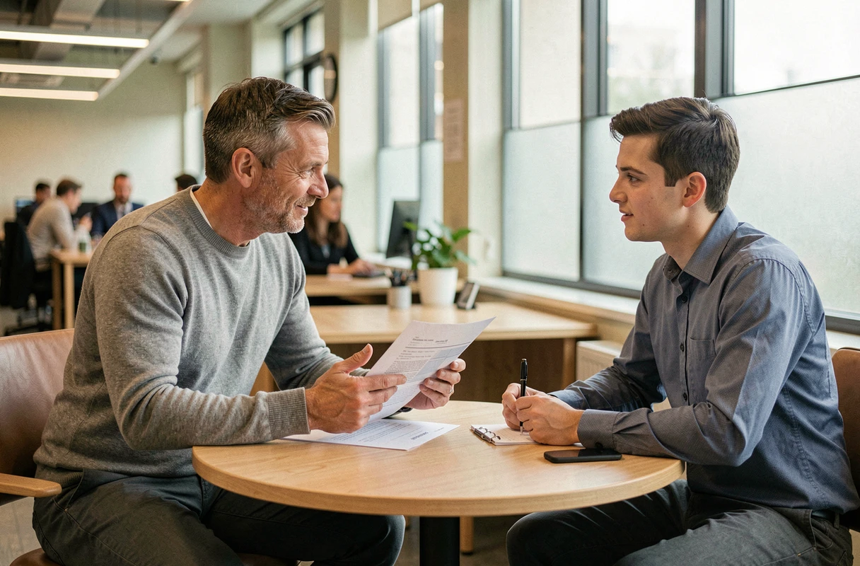 Manager homme en session de coaching individuel avec un collaborateur dans un bureau en open space, conversation professionnelle bienveillante
