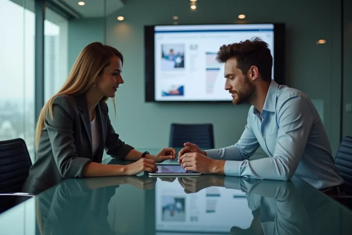 Deux collègues collaborant sur une application bureautique en ligne alternative à Office 365 lors d'une réunion professionnelle