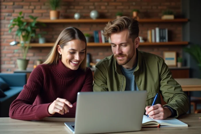 Deux collègues analysant ensemble la navigation et la structure d'un site de formation professionnelle sur un ordinateur portable dans un espace de coworking