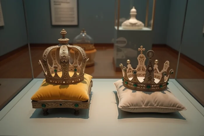 Comparaison côte à côte d'une tiare en or filigrane et d'un diadème en émeraudes exposés dans une vitrine de musée