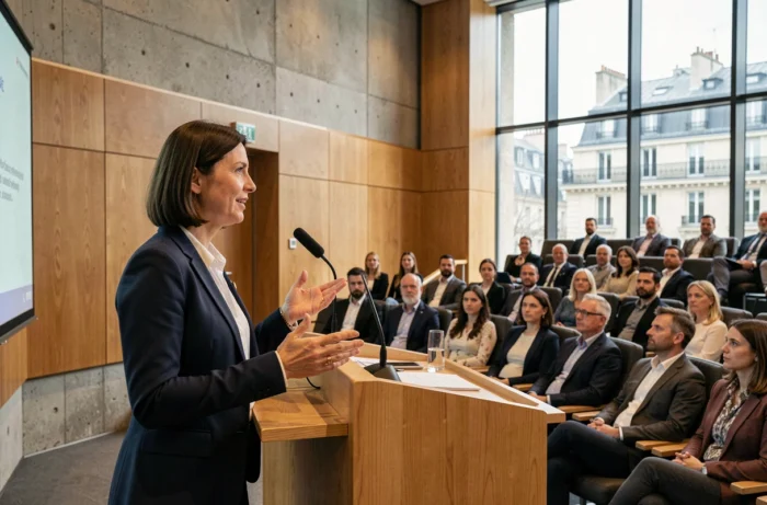 Conférencière française en blazer marine présentant devant un public lors d'une conférence professionnelle à Paris