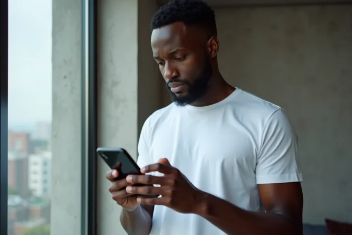 Jeune homme sénégalais utilisant son smartphone pour se connecter à Netsoins Teranga dans un appartement moderne