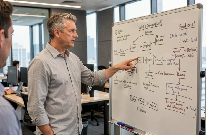 Consultant web présentant une architecture de site sur tableau blanc dans un espace de coworking