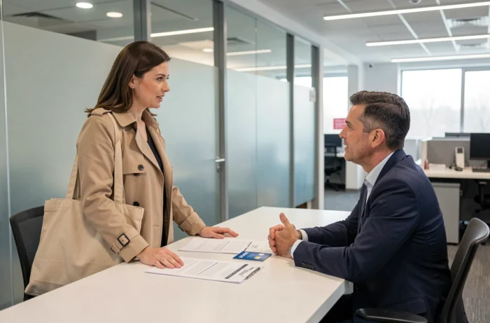 Femme en consultation avec un conseiller financier pour comprendre les limites et plafonds de retrait de la carte Nickel