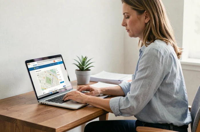 Femme consultant le plan du site de Beynat sur un ordinateur portable dans un bureau à domicile