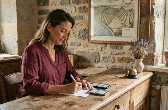 Hôtesse d'une maison d'hôtes à Gevrey-Chambertin notant les coordonnées de contact pour les voyageurs