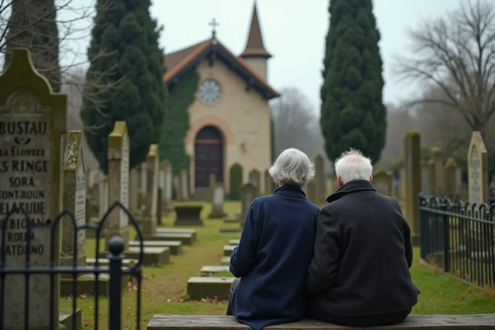 Couple âgé dans un cimetière rural français face à des pierres tombales portant le même nom de famille, évoquant la consanguinité
