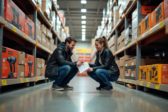 Couple choisissant un abonnement bricolage dans un magasin de bricolage en regardant une fiche comparative