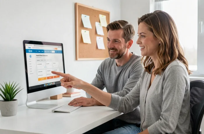 Couple comparant des assurances auto sur ordinateur pour faire le meilleur choix ensemble
