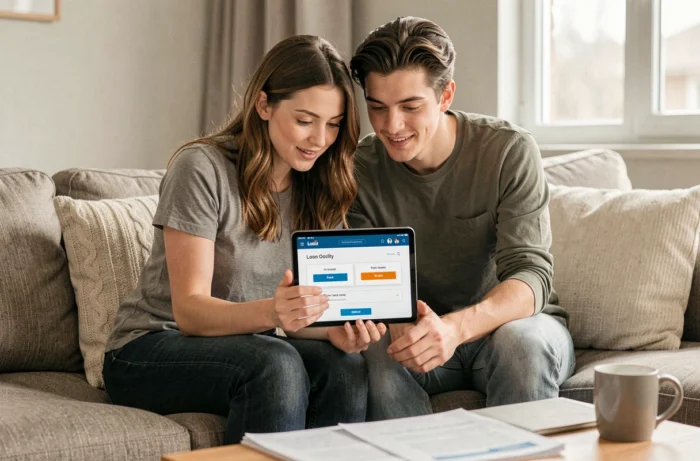 Couple comparant des offres de crédit sur une tablette dans leur salon pour trouver la solution de financement idéale