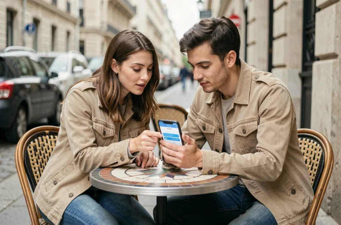 Jeune couple comparant des offres d'assurance auto sur smartphone en terrasse de café, pour illustrer la recherche du meilleur contrat auto