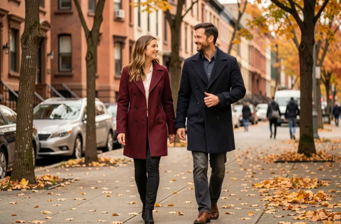 Un homme et une femme marchant ensemble en automne dans une rue urbaine, illustrant une relation complice et romantique