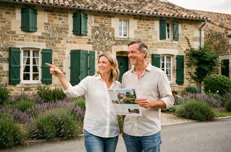 Couple devant une maison en pierre charentaise lors d'une visite immobilière en Charente