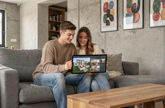 Couple consultant une visite virtuelle de bien immobilier sur tablette via une agence en ligne