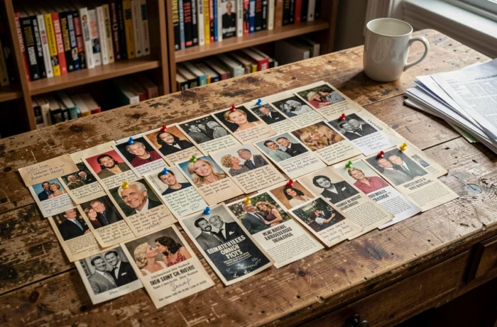 Mur de coupures de presse et de photos sur une relation de célébrités, évoquant l'histoire entre deux acteurs célèbres