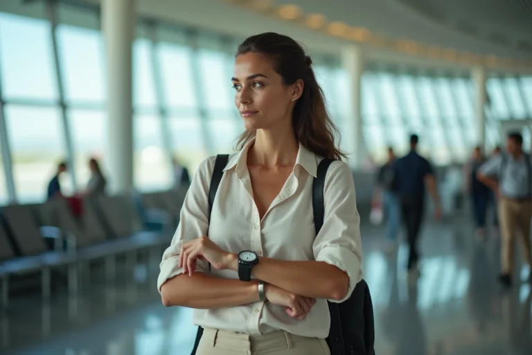 Voyageuse comparant deux montres affichant l'heure de France et de Martinique dans un terminal d'aéroport