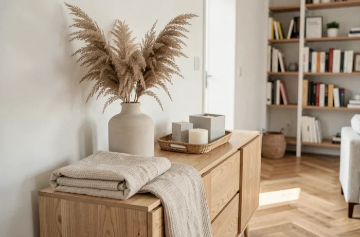 Coin salon décoré avec des tendances CallMeSpring : vase céramique, herbes de pampa et accessoires en bois naturel sur un buffet en chêne clair