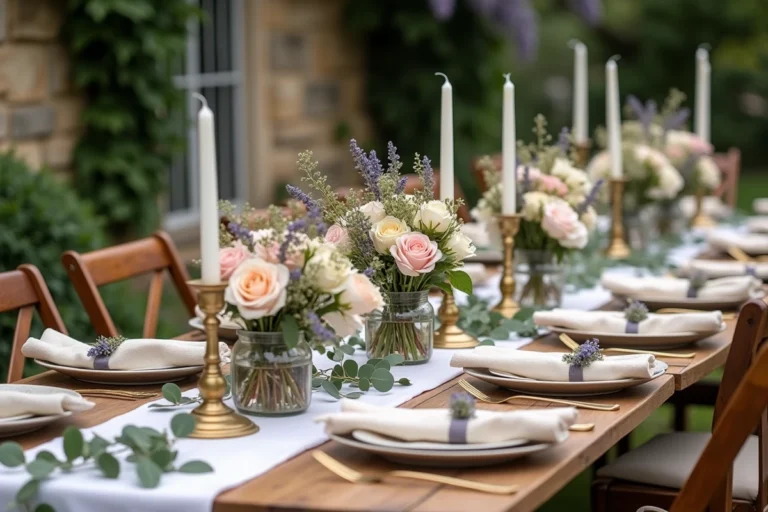 Table de mariage décorée avec des fleurs de jardin, de la vaisselle vintage et des éléments botaniques dans un cadre champêtre français