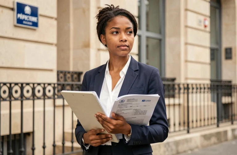 Jeune femme d'origine nord-africaine tenant des documents administratifs devant une préfecture française, symbolisant les démarches d'intégration en France